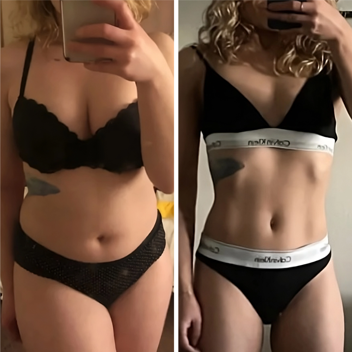 Mujer de perfil mostrando resultados antes y después en abdomen y cintura tras usar Vibro Sculpt